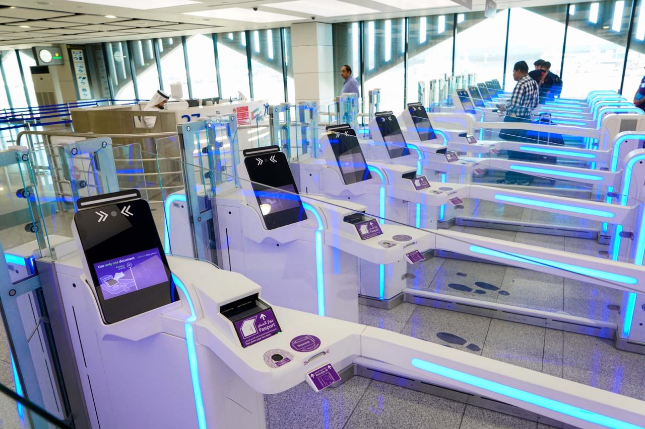 The smart gates of Dubai airport are covered in blue for Kuwait National Day